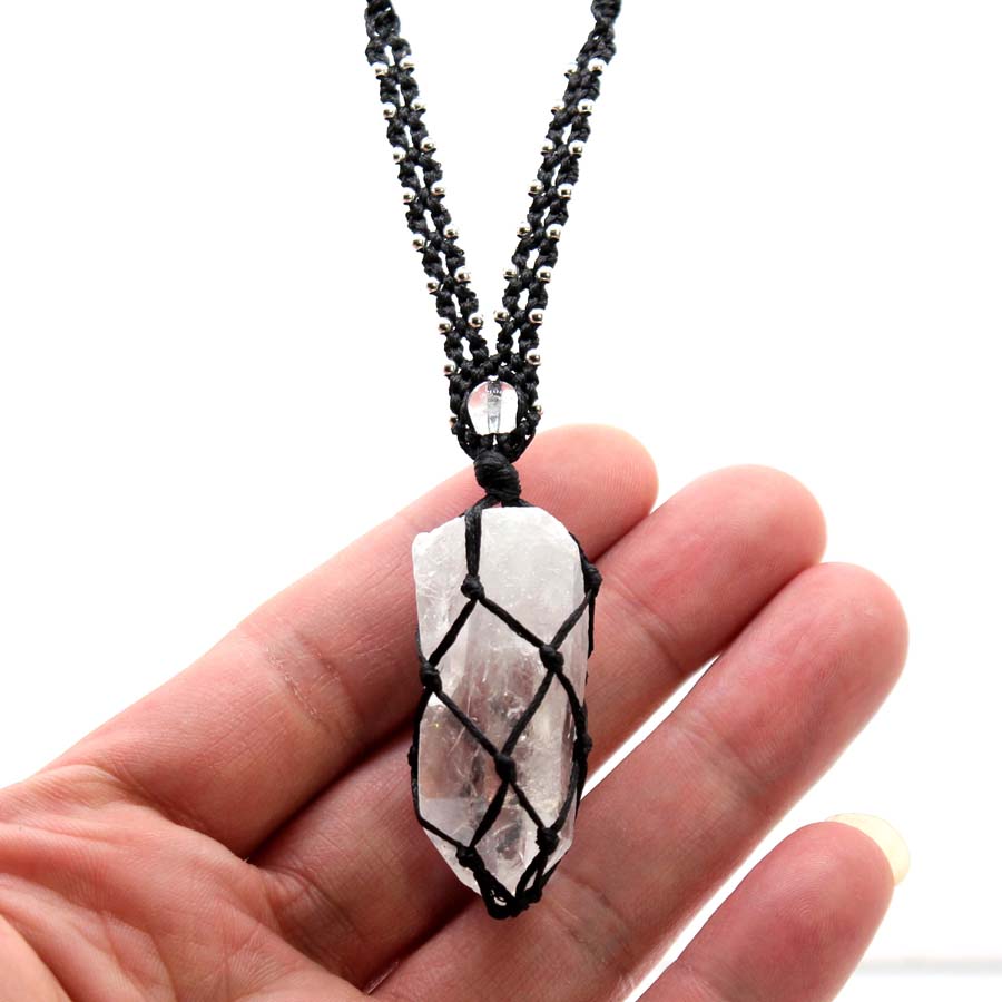 Crystal Pendant Necklace Natural Stone - Kryształowy kwarcowy makrama pleciony kamień naszyjnik