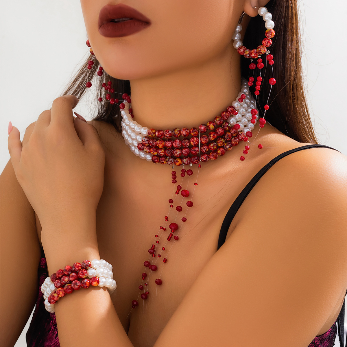 Pearl Choker Necklace Vintage - Wielowarstwowy Vintage czerwony wzór krwi sztuczna