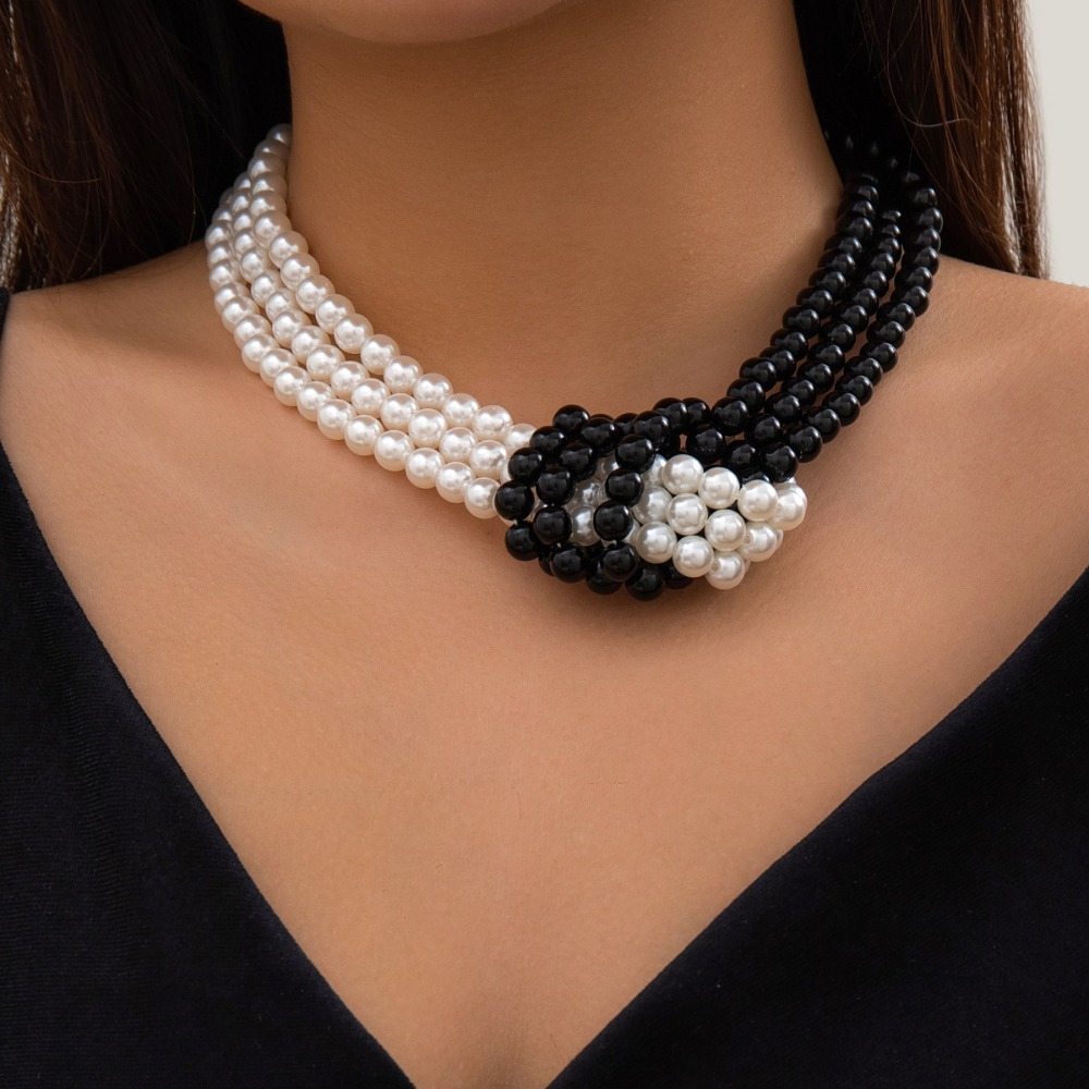 Pearl Choker Necklace Vintage - Modny Retro Czarno-Biały Naszyjnik z Węzłami,