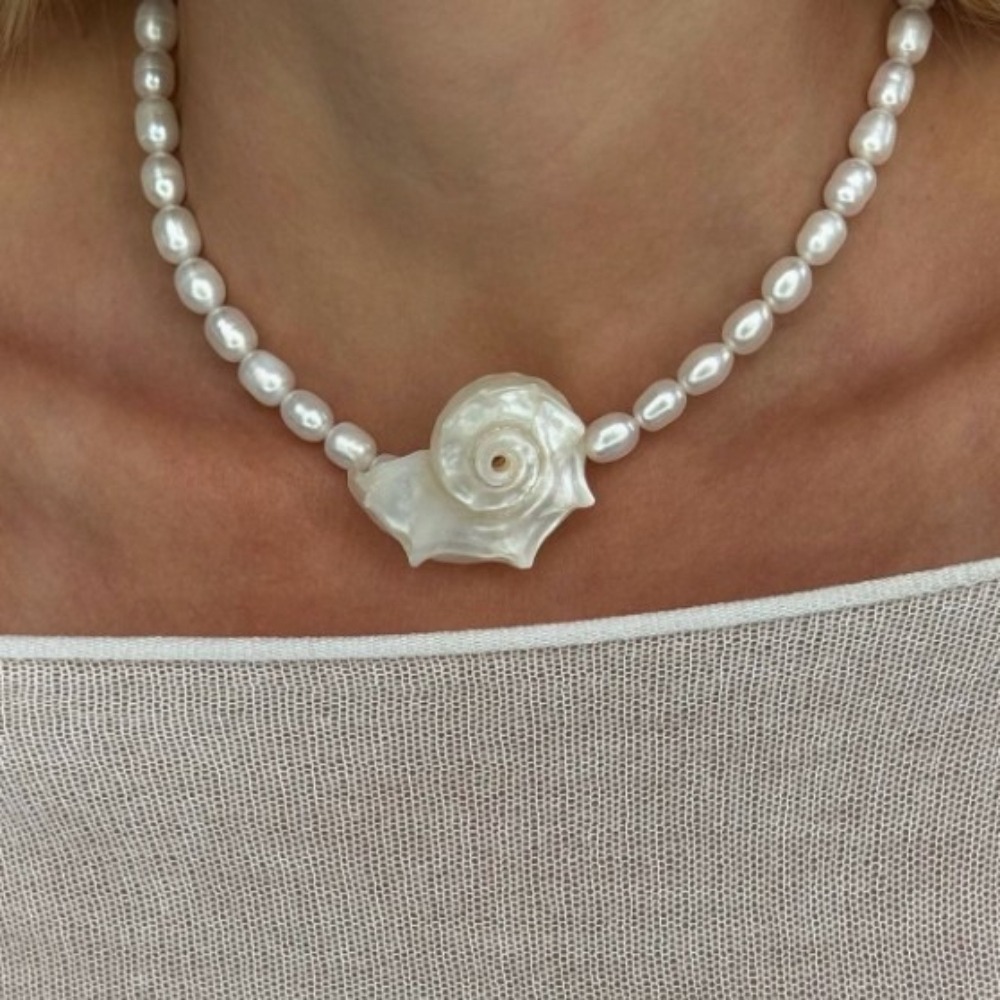 Pearl Choker Necklace Vintage - Naszyjnik z zawieszką z naturalnej muszli