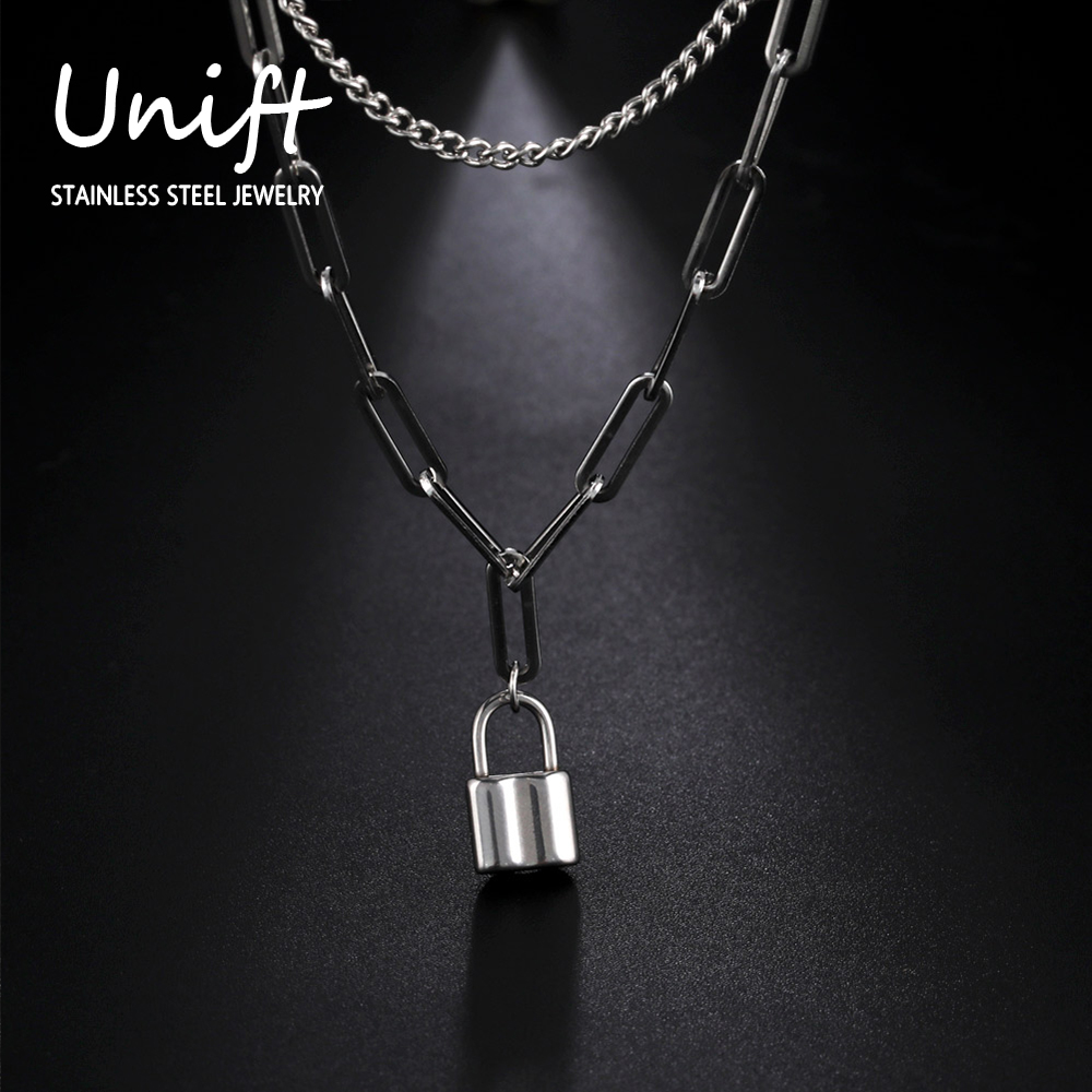 Layered Pendant Necklace Aesthetic - Unift Estetyczna kłódka wisiorek męski naszyjnik