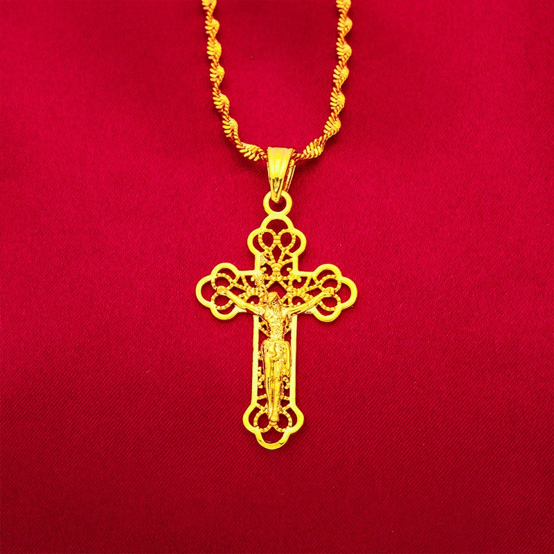 Cross Pendant Necklace Gold - 9999 24K prawdziwe złoto klasyczny męski