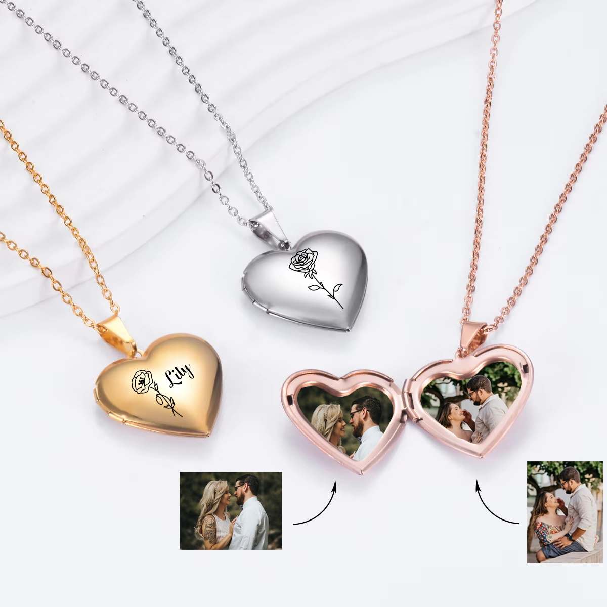 Heart Locket Necklace Photo - Niestandardowe spersonalizowane serce narodziny kwiatowy medalion