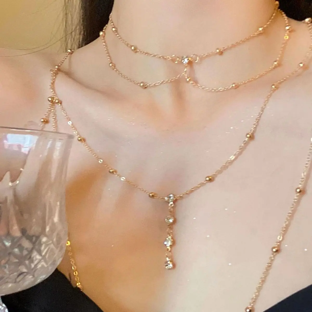 Layered Pendant Necklace Aesthetic - Seksowny estetyczny wielowarstwowy błyszczący łańcuszek z