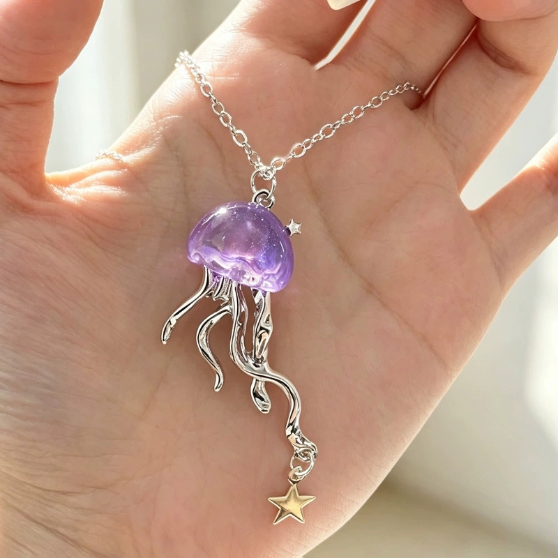 Layered Pendant Necklace Aesthetic - Uroczy Fioletowy Wisiorek Meduza Gwiazda Oceanu