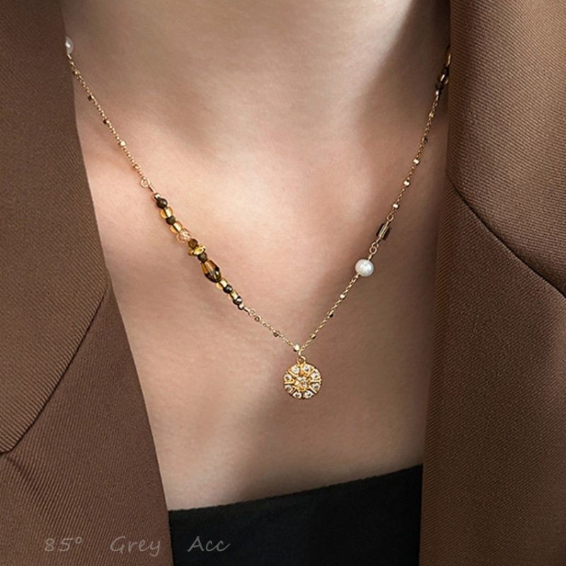 Layered Pendant Necklace Aesthetic - Modny brązowy naszyjnik z naturalnego kamienia,