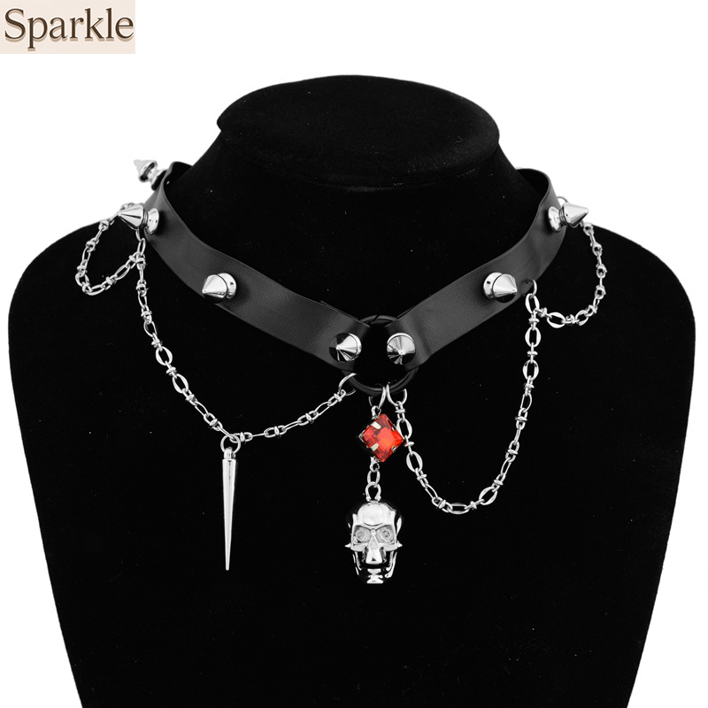 Ciemny skórzany choker z czasz – Goth Punk Spike Choker recenzja i cena